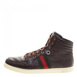 مملوكة مسبقًا Gucci Brown Guccissima Leather Web Detail High Top Sneakers Size 44
