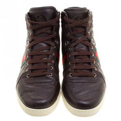 مملوكة مسبقًا Gucci Brown Guccissima Leather Web Detail High Top Sneakers Size 44