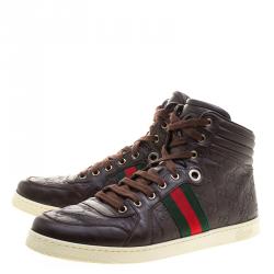 مملوكة مسبقًا Gucci Brown Guccissima Leather Web Detail High Top Sneakers Size 44