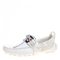 Gucci White Leather and Mesh Web Detail Bow Loafers Size 40.5