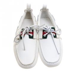 Gucci White Leather and Mesh Web Detail Bow Loafers Size 40.5