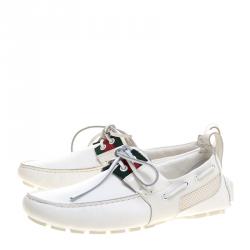 Gucci White Leather and Mesh Web Detail Bow Loafers Size 40.5