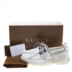 Gucci White Leather and Mesh Web Detail Bow Loafers Size 40.5