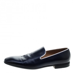 Gucci Navy Blue Leather Crest Logo Loafers Size 41.5