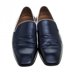 Gucci Navy Blue Leather Crest Logo Loafers Size 41.5