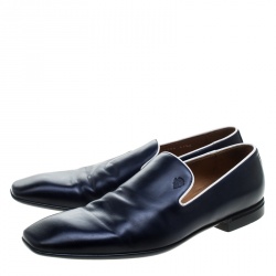 Gucci Navy Blue Leather Crest Logo Loafers Size 41.5