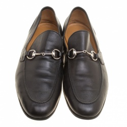 Gucci Black Leather Jordaan Horsebit Loafers Size 44.5