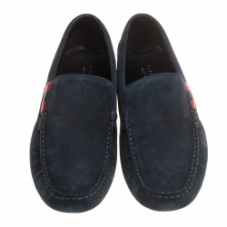 Pre Owned Gucci Navy Blue Suede Web Detail Loafers Size 44