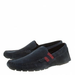 Pre Owned Gucci Navy Blue Suede Web Detail Loafers Size 44