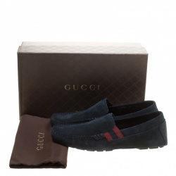 Pre Owned Gucci Navy Blue Suede Web Detail Loafers Size 44