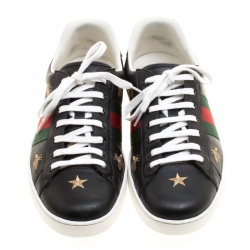 Gucci Black Leather Ace Bees and Stars Embroidered Low Top Sneakers Size 45.5
