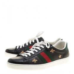 Gucci Black Leather Ace Bees and Stars Embroidered Low Top Sneakers Size 45.5