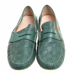 Gucci Green Guccissima Leather Driver Moccasins Size 45.5