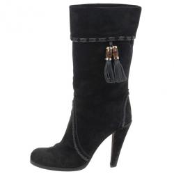 Pre Owned Gucci Black Suede Bamboo Tassel Knee Boots Size 37.5