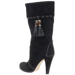 Pre Owned Gucci Black Suede Bamboo Tassel Knee Boots Size 37.5