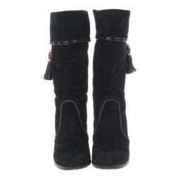 Pre Owned Gucci Black Suede Bamboo Tassel Knee Boots Size 37.5