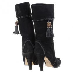 Pre Owned Gucci Black Suede Bamboo Tassel Knee Boots Size 37.5