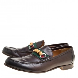 Pre Owned حذاء لوفرز غوتشي ويب بامبو جلد بني داكن مقاس 45.5