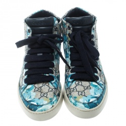Pre Owned Gucci Beige and Blue Blooms Printed GG Canvas High Top Sneakers Size 41
