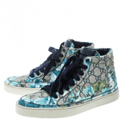 Pre Owned Gucci Beige and Blue Blooms Printed GG Canvas High Top Sneakers Size 41