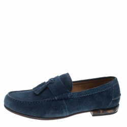 Gucci Blue Suede Queen Bamboo Trim Heel Tassel Loafers Size 40