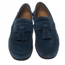 Gucci Blue Suede Queen Bamboo Trim Heel Tassel Loafers Size 40