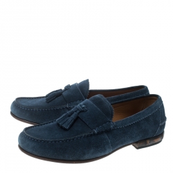 Gucci Blue Suede Queen Bamboo Trim Heel Tassel Loafers Size 40