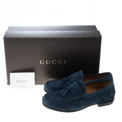 Gucci Blue Suede Queen Bamboo Trim Heel Tassel Loafers Size 40