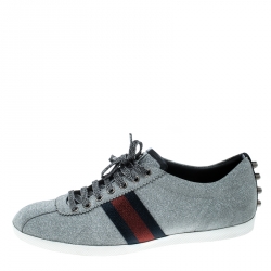 Gucci Metallic Silver Glitter Coated Fabric Bambi Web Detail Studded Low Top Sneakers Size 44.5