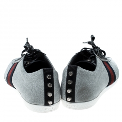 Gucci Metallic Silver Glitter Coated Fabric Bambi Web Detail Studded Low Top Sneakers Size 44.5