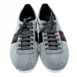 Gucci Metallic Silver Glitter Coated Fabric Bambi Web Detail Studded Low Top Sneakers Size 44.5