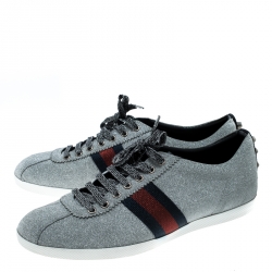 Gucci Metallic Silver Glitter Coated Fabric Bambi Web Detail Studded Low Top Sneakers Size 44.5