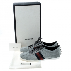 Gucci Metallic Silver Glitter Coated Fabric Bambi Web Detail Studded Low Top Sneakers Size 44.5