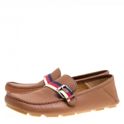 مملوكة مسبقًا Gucci Brown Leather Web Buckle Driver Loafers Size 41.5