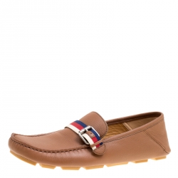 مملوكة مسبقًا Gucci Brown Leather Web Buckle Driver Loafers Size 41.5