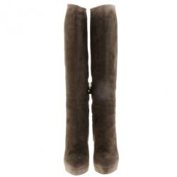 Pre Owned Gucci Grey Suede Platform Knee Boots Size 38.5