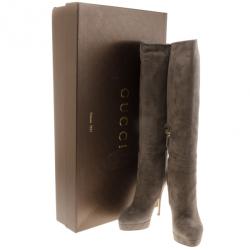 Pre Owned Gucci Grey Suede Platform Knee Boots Size 38.5