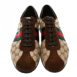 Gucci Beige Canvas and Suede Guccisima Web Detail Sneakers Size 46.5