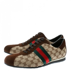 Gucci Beige Canvas and Suede Guccisima Web Detail Sneakers Size 46.5