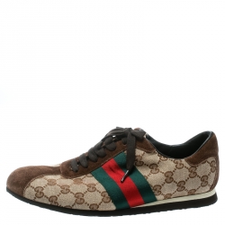 Gucci Beige GG Canvas and Brown Suede Web Detail Sneakers Size 40.5