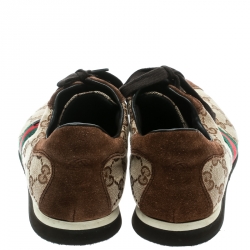 Gucci Beige GG Canvas and Brown Suede Web Detail Sneakers Size 40.5