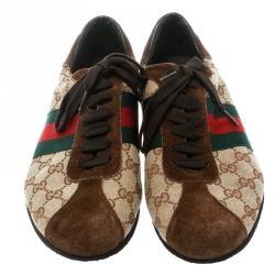 Gucci Beige GG Canvas and Brown Suede Web Detail Sneakers Size 40.5