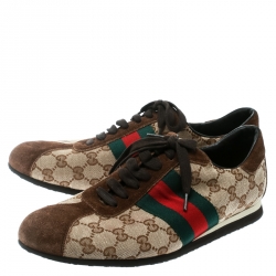 Gucci Beige GG Canvas and Brown Suede Web Detail Sneakers Size 40.5