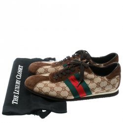Gucci Beige GG Canvas and Brown Suede Web Detail Sneakers Size 40.5