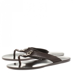 Pre Owned Gucci Brown Leather GG Thong Slipper Sandals Size 40