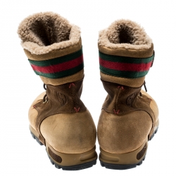 Gucci Beige/Brown Suede Lace Up Shearling Lined Combat Boots Size 42