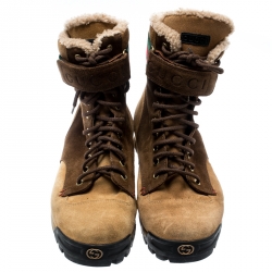 Gucci Beige/Brown Suede Lace Up Shearling Lined Combat Boots Size 42