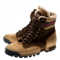 Gucci Beige/Brown Suede Lace Up Shearling Lined Combat Boots Size 42