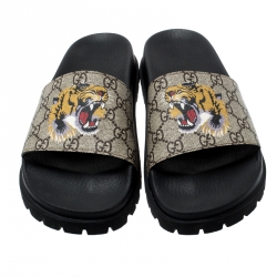 Pre Owned Gucci Beige GG Supreme Canvas Tiger Print Sandals Size 43