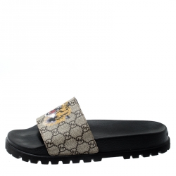 Pre Owned Gucci Beige GG Supreme Canvas Tiger Print Sandals Size 43